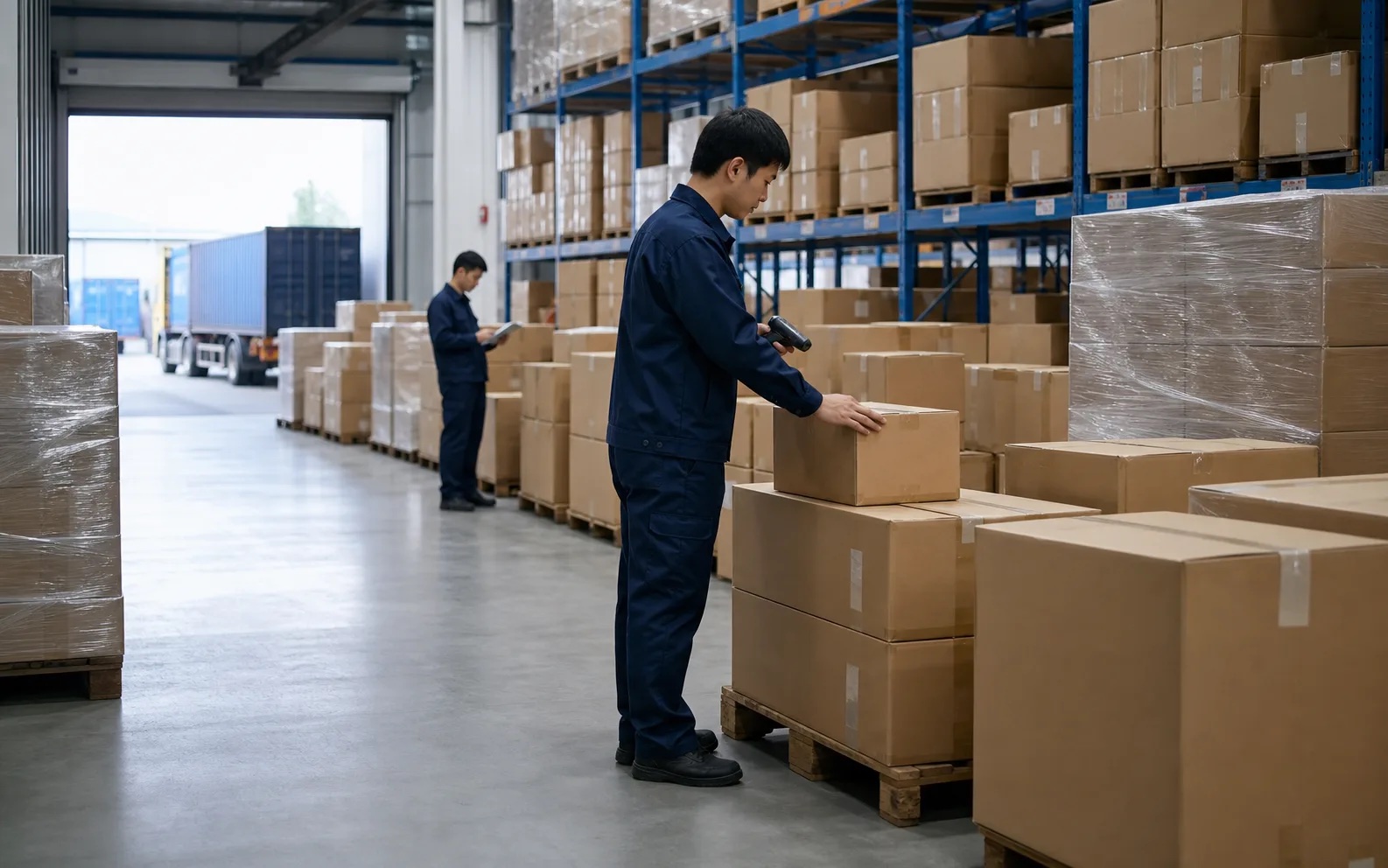 Marchandises regroupées et vérifiées dans un entrepôt logistique