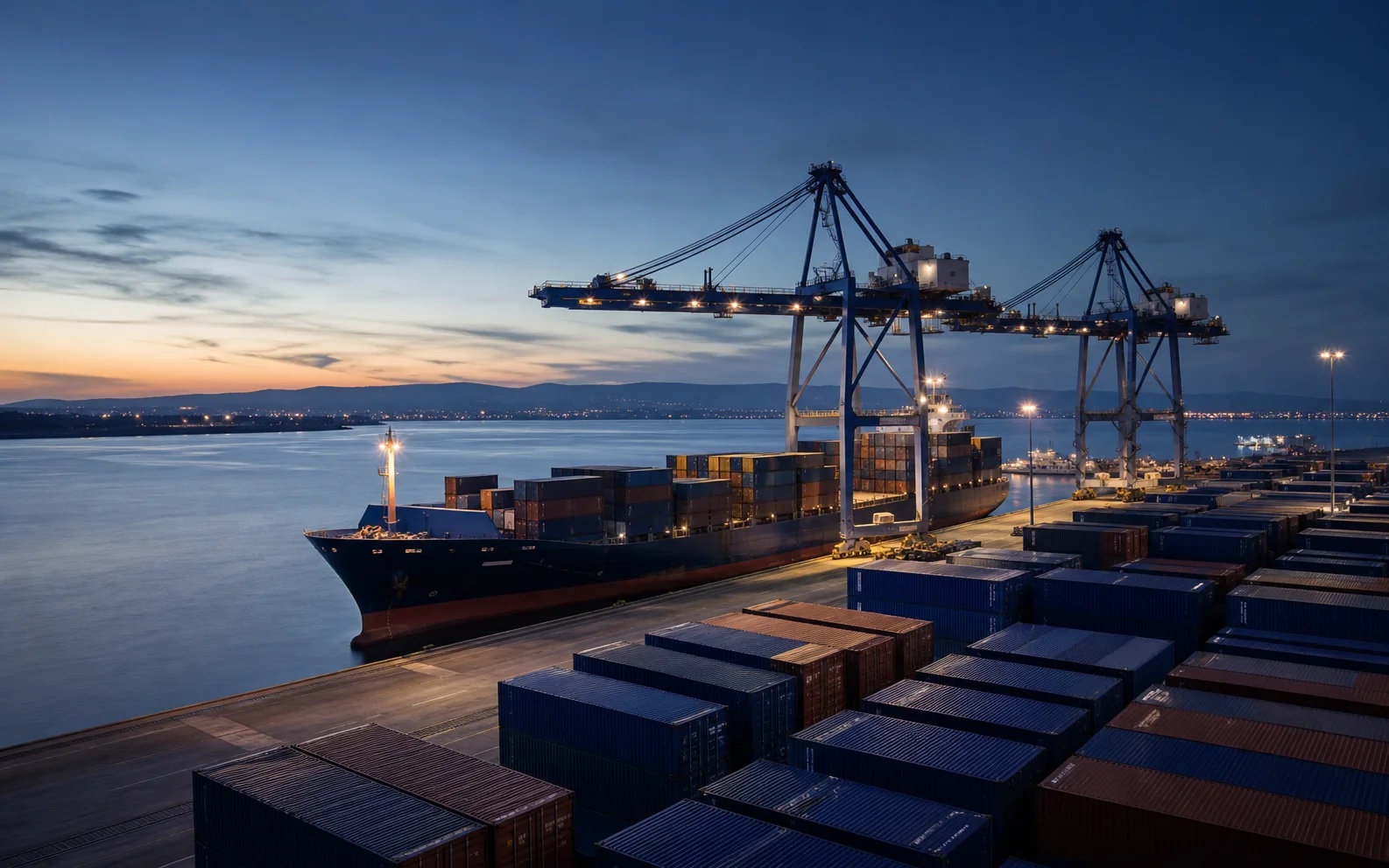 Navire de marchandises et conteneurs dans un port international