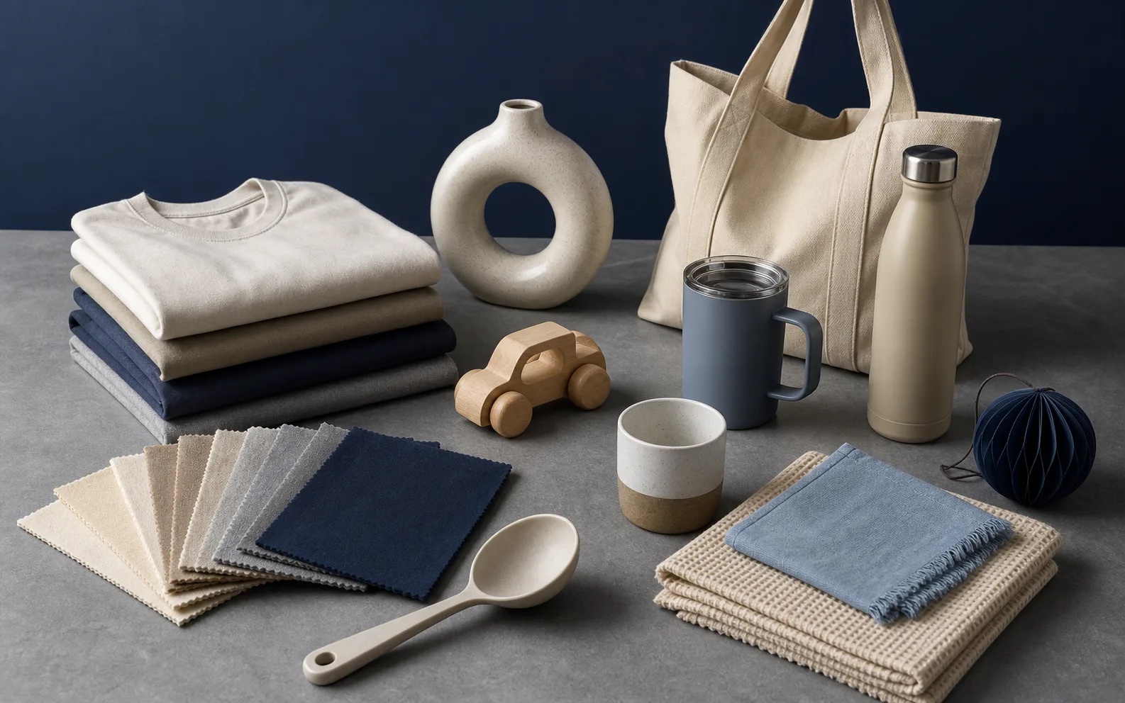 Sélection de vêtements, textiles, accessoires de maison et objets promotionnels sans marque