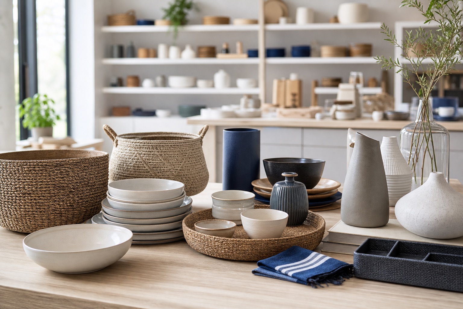 Sélection de vaisselle, paniers et accessoires de décoration dans une salle d’échantillons